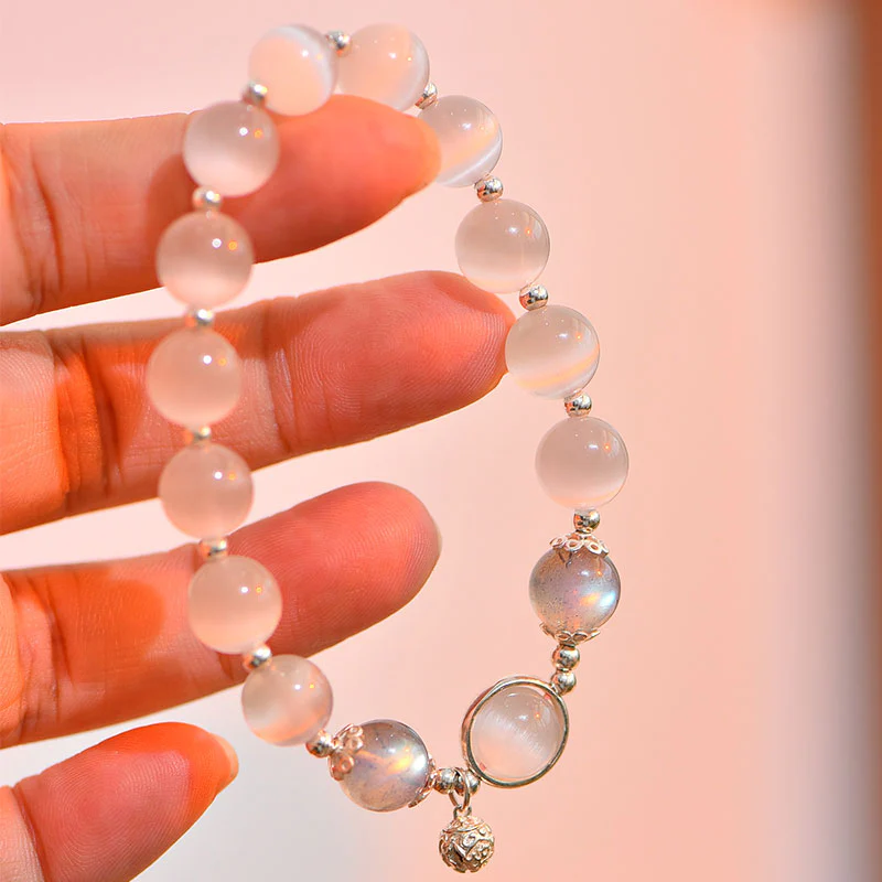 Braccialetto di supporto dell'amore con pietra di luna e occhio di gatto in argento sterling 925 Buddha Stones - Image 5