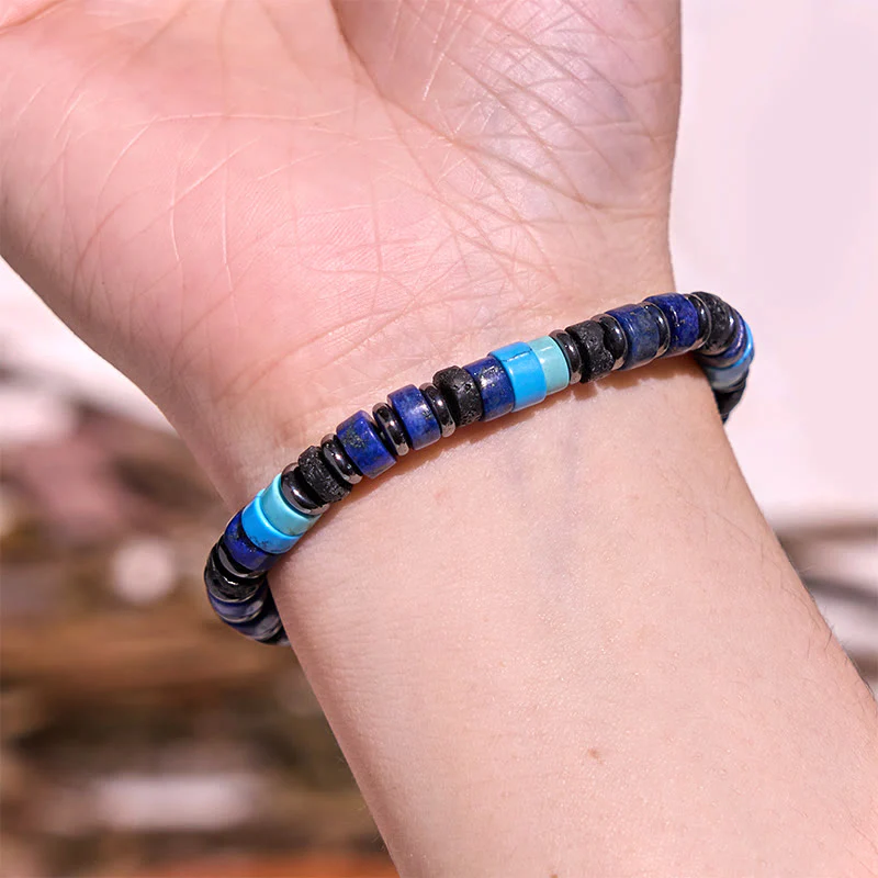 Braccialetto di supporto in Buddha Stones, ematite, turchese, lazurite, lapislazzuli, pietra lavica, glitter nero - Image 3