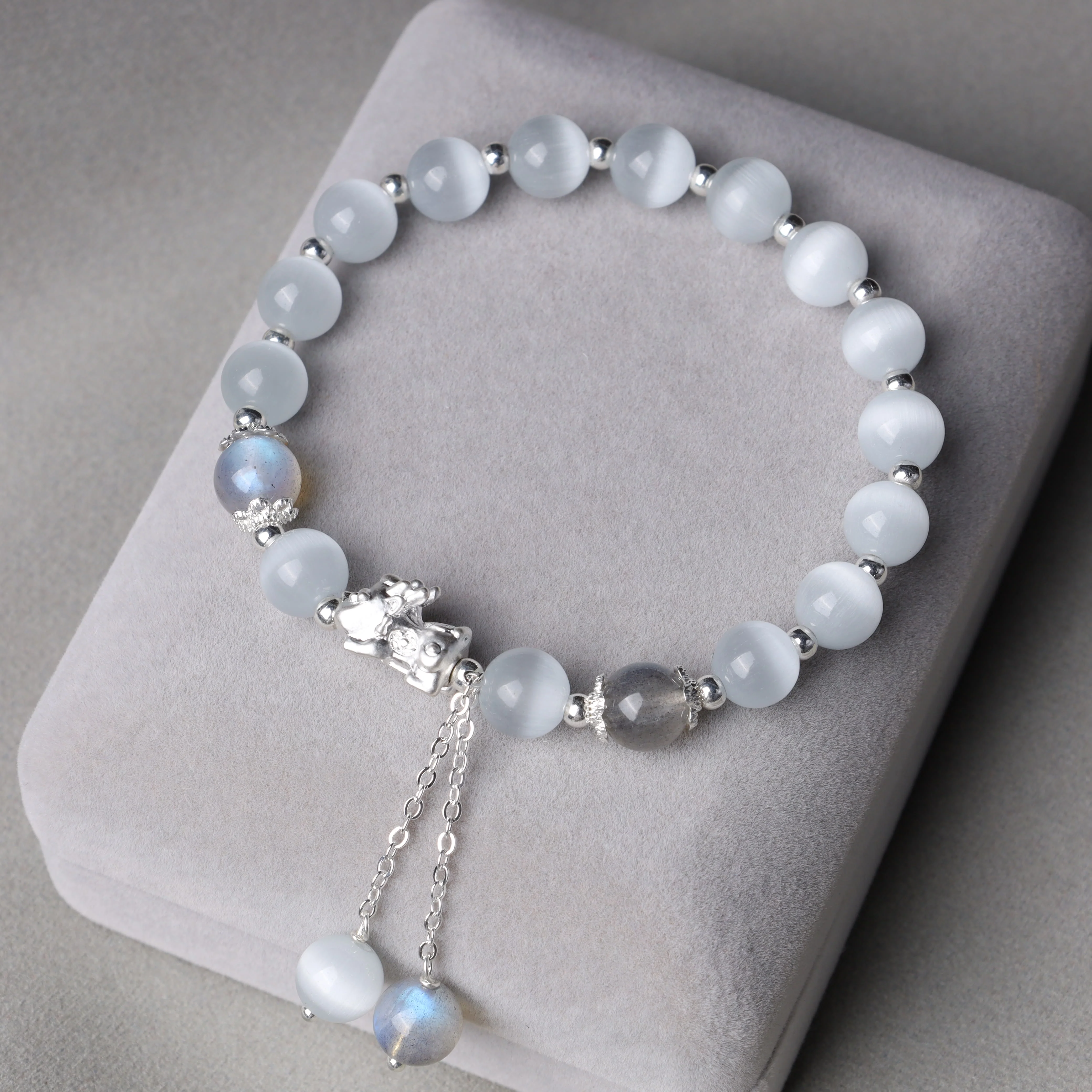 Braccialetto di supporto PiXiu in quarzo fragola con pietra lunare naturale occhio di gatto Buddha Stones - Image 3