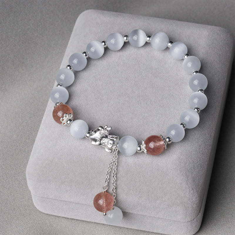 Braccialetto di supporto PiXiu in quarzo fragola con pietra lunare naturale occhio di gatto Buddha Stones - Image 8