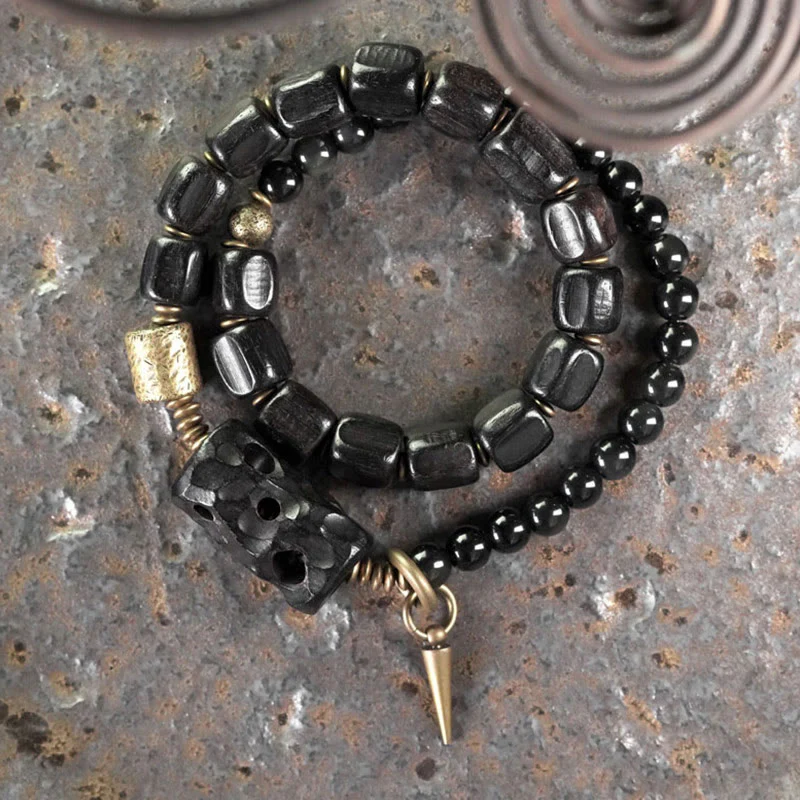 Braccialetto doppio giro Buddha Stones Ebano Legno Ossidiana Nera Rame Ottone Pace - Image 2