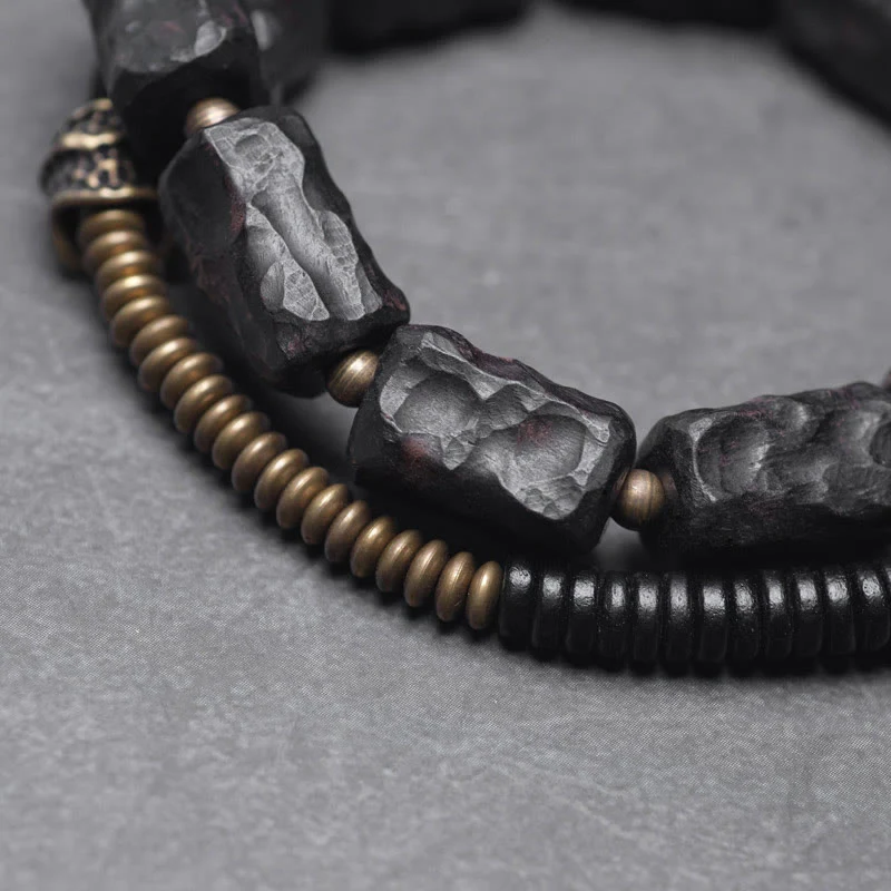 Braccialetto doppio giro Buddha Stones Ebano Legno Rame Ottone Agata Rossa Pace - Image 2