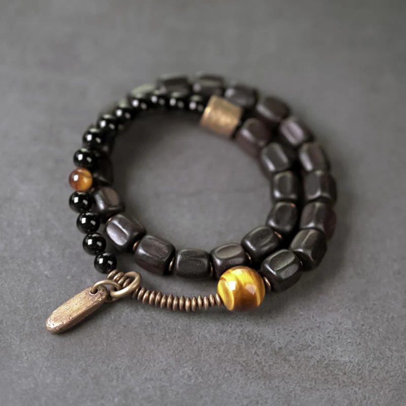 Braccialetto doppio giro Buddha Stones Ebano Legno Rame Ottone Occhio di Tigre Pace