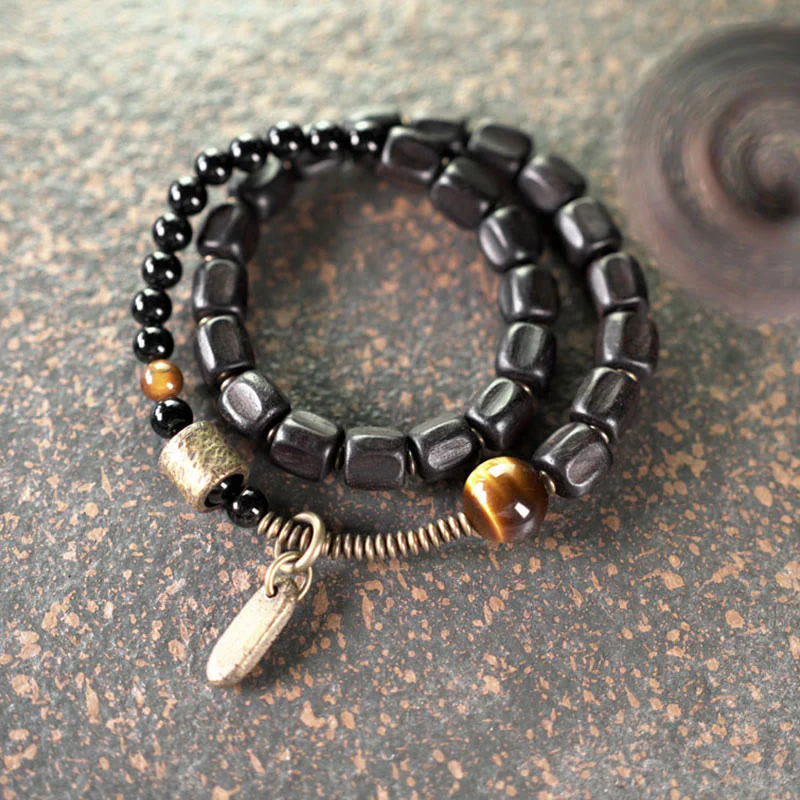 Braccialetto doppio giro Buddha Stones Ebano Legno Rame Ottone Occhio di Tigre Pace - Image 10