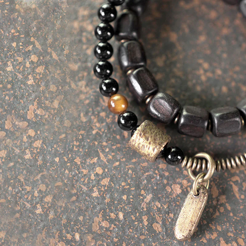 Braccialetto doppio giro Buddha Stones Ebano Legno Rame Ottone Occhio di Tigre Pace - Image 3