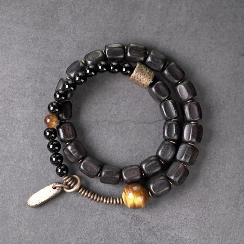 Braccialetto doppio giro Buddha Stones Ebano Legno Rame Ottone Occhio di Tigre Pace - Image 8