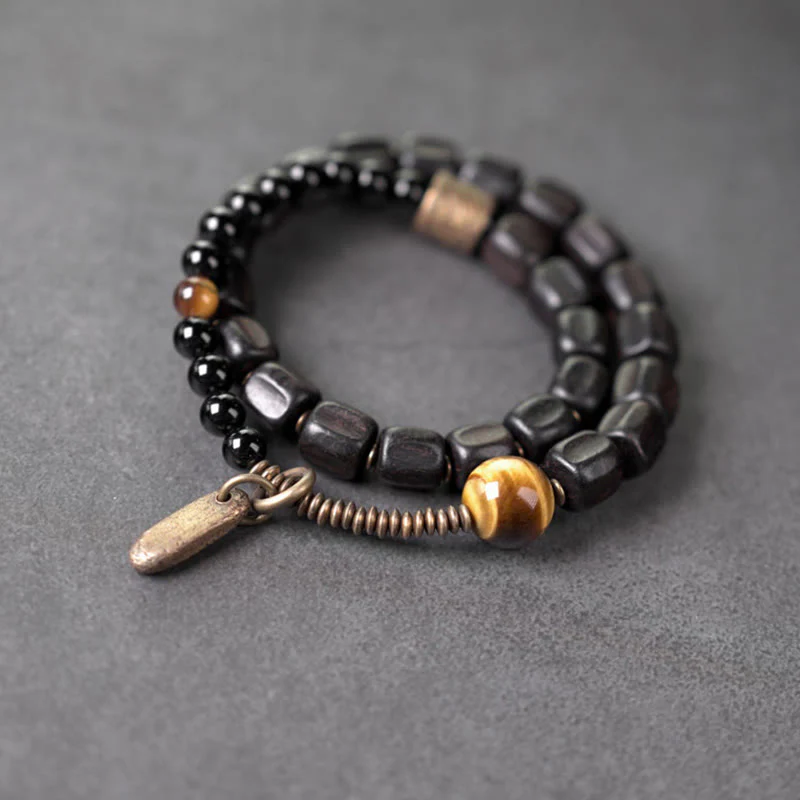 Braccialetto doppio giro Buddha Stones Ebano Legno Rame Ottone Occhio di Tigre Pace - Image 9