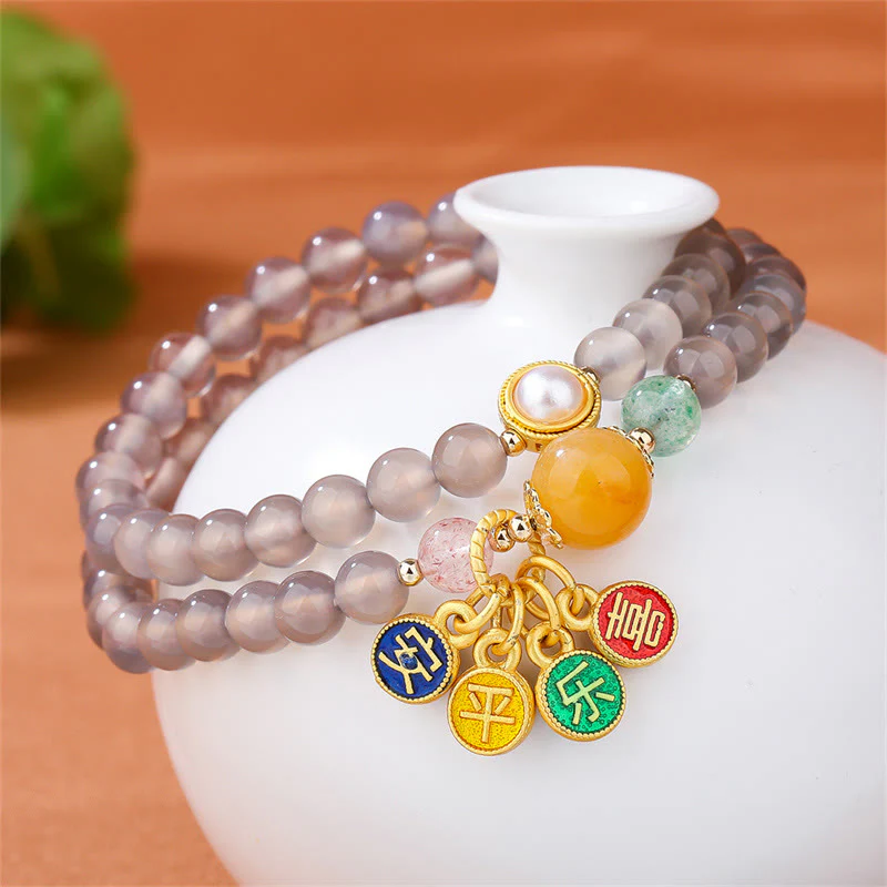 Braccialetto doppio giro Buddha Stones Natural Grey Agate Peace And Joy Charm Balance - Image 2