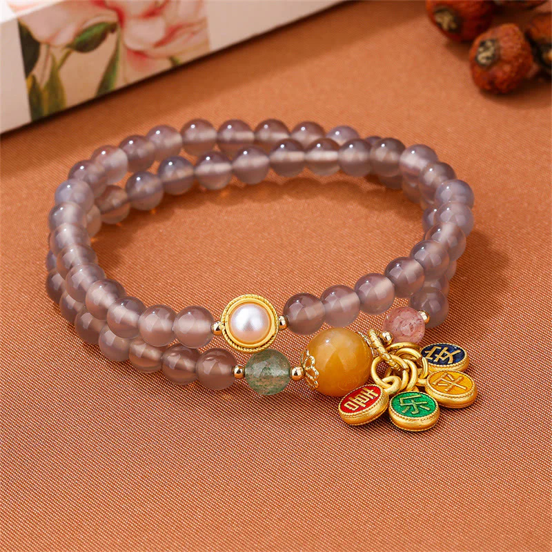 Braccialetto doppio giro Buddha Stones Natural Grey Agate Peace And Joy Charm Balance - Image 3