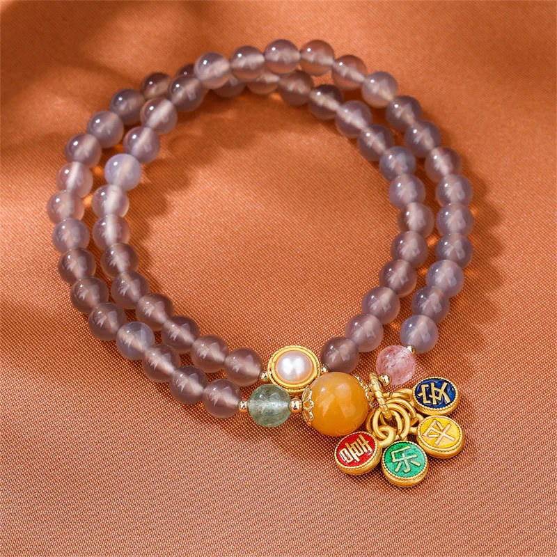 Braccialetto doppio giro Buddha Stones Natural Grey Agate Peace And Joy Charm Balance - Image 4