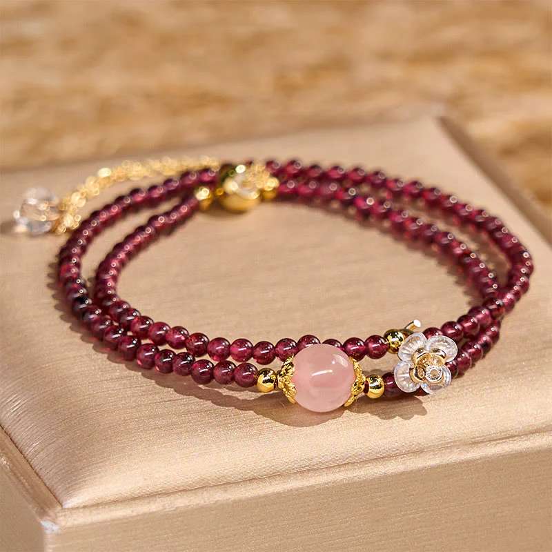 Braccialetto doppio giro in cristallo rosa e granato naturale Buddha Stones - Image 2