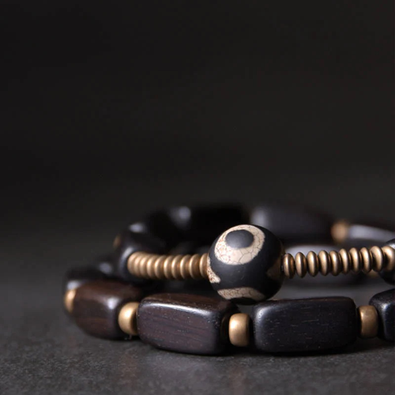 Braccialetto doppio giro in rame con perline di legno di Buddha Stones del Tibet Dzi - Image 2