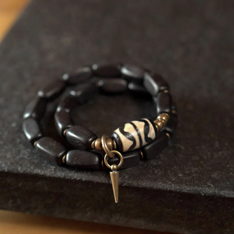 Braccialetto doppio giro in rame con perline di legno di Buddha Stones del Tibet Dzi - Image 8