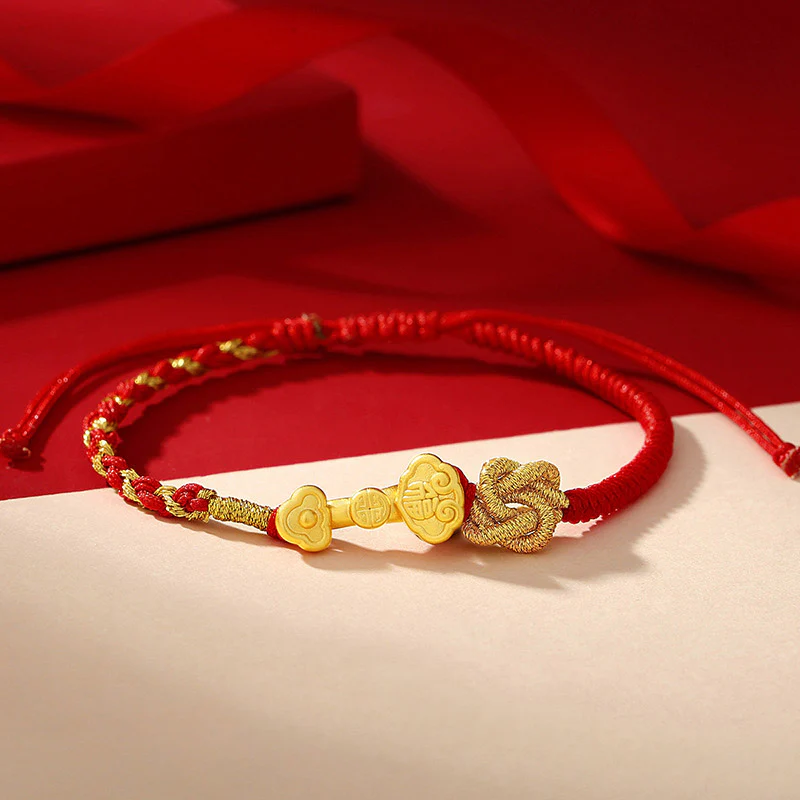 Braccialetto in corda con carattere Fu e manico Ruyi in argento sterling 999 Buddha Stones