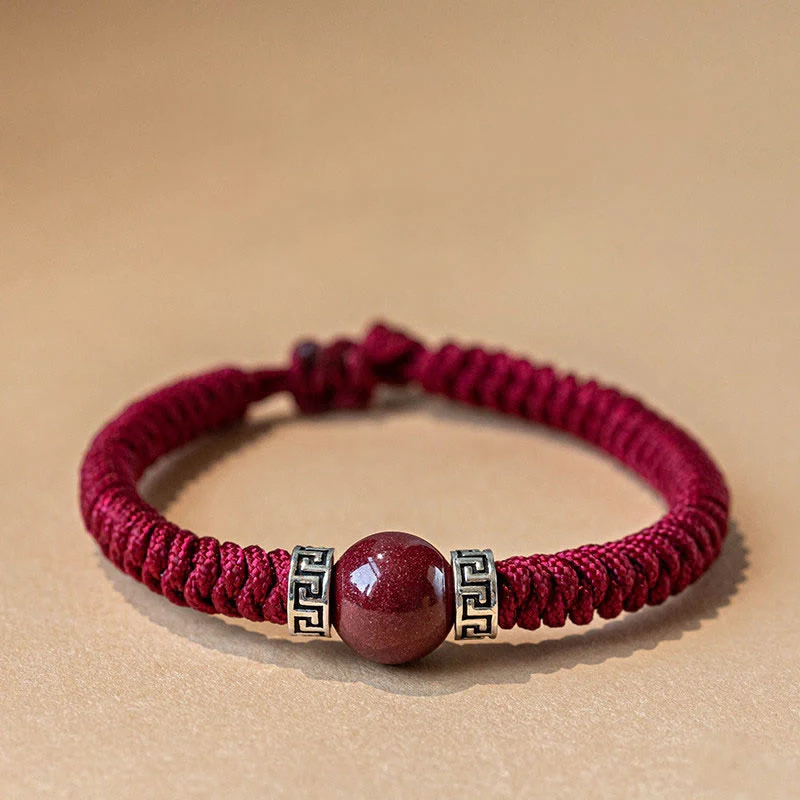 Braccialetto in corda intrecciata fatto a mano con perline di cinabro naturale in argento sterling 925 Buddha Stones