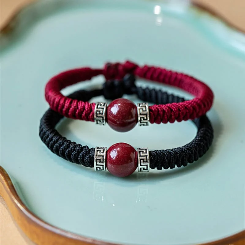 Braccialetto in corda intrecciata fatto a mano con perline di cinabro naturale in argento sterling 925 Buddha Stones - Image 14