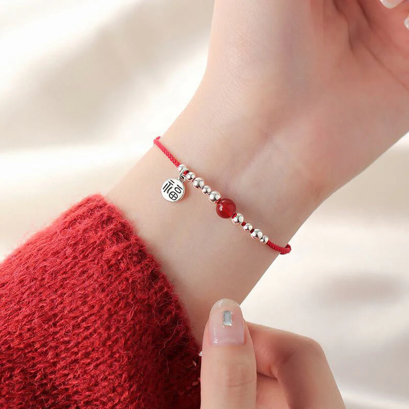 Braccialetto in corda intrecciata ultra sottile con carattere Fu in argento sterling 925 fatto a mano con Buddha Stones, agata rossa e ciondolo a forma di fortuna - Image 9