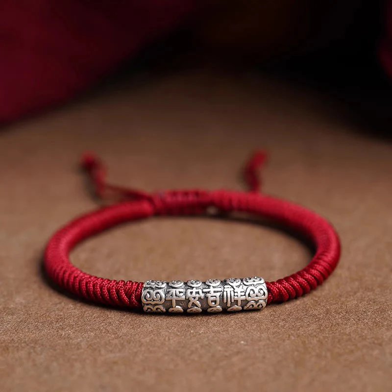 Braccialetto in corda portafortuna Om Mani Padme Hum in argento Sterling 999 fatto a mano con Buddha Stones