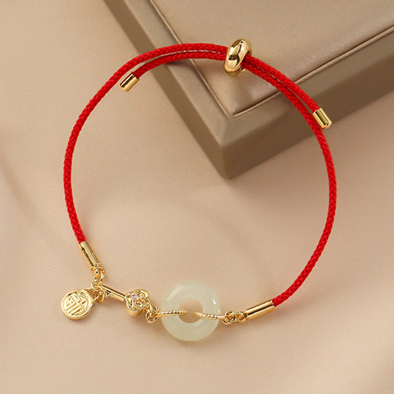 Braccialetto in corda rossa con fibbia della pace in giada Hetian placcato oro 18K con carattere Fu e Buddha Stones - Image 7