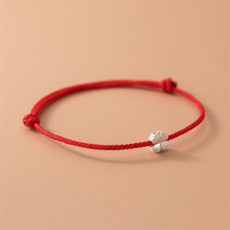 Braccialetto in corda rossa con quadrifoglio in argento sterling 925 Buddha Stones - Image 2