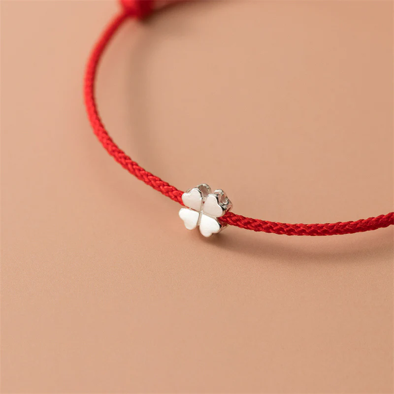 Braccialetto in corda rossa con quadrifoglio in argento sterling 925 Buddha Stones - Image 3