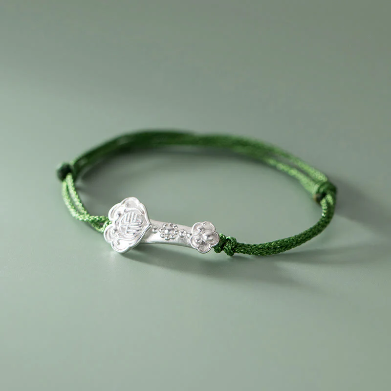 Braccialetto in corda verde intrecciata con impugnatura Ruyi, in argento sterling 999, fatto a mano, con carattere Fu , Buddha Stones