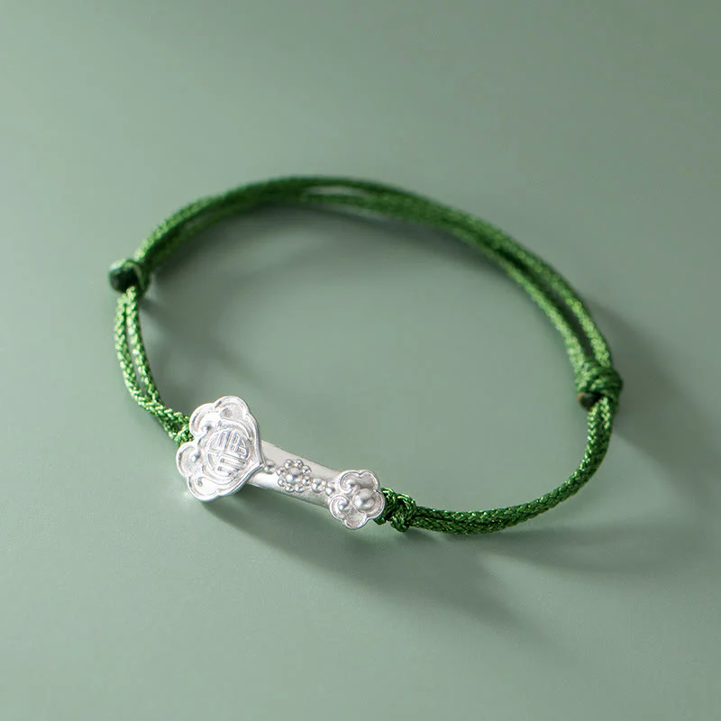 Braccialetto in corda verde intrecciata con impugnatura Ruyi, in argento sterling 999, fatto a mano, con carattere Fu , Buddha Stones - Image 2