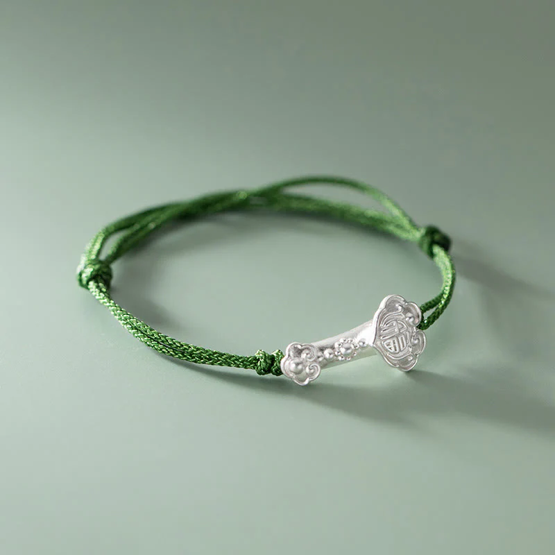 Braccialetto in corda verde intrecciata con impugnatura Ruyi, in argento sterling 999, fatto a mano, con carattere Fu , Buddha Stones - Image 3