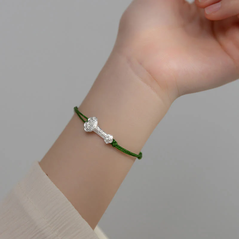 Braccialetto in corda verde intrecciata con impugnatura Ruyi, in argento sterling 999, fatto a mano, con carattere Fu , Buddha Stones - Image 4