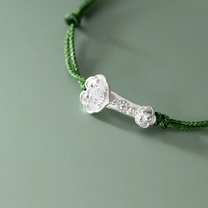 Braccialetto in corda verde intrecciata con impugnatura Ruyi, in argento sterling 999, fatto a mano, con carattere Fu , Buddha Stones - Image 9