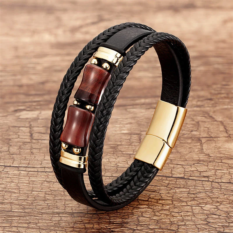 Braccialetto in pelle multistrato Buddha Stones Tiger Eye Bamboo Stone Integrity Courage - Image 5