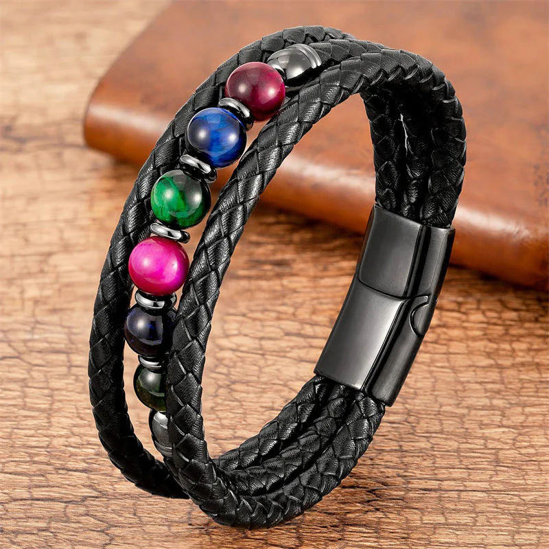 Braccialetto in pelle positivo con perline di onice nero e occhio di tigre Buddha Stones Lava Rock Ematite - Image 5