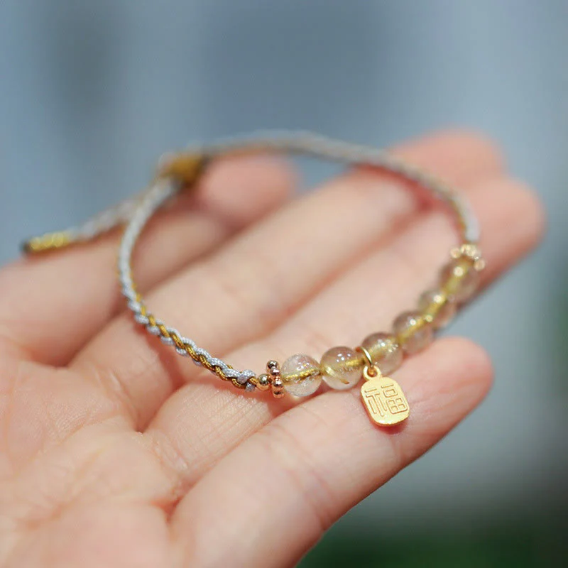 Braccialetto intrecciato con carattere Fu in argento sterling 925, giada naturale, quarzo rutilato e zucca, con fortuna - Image 7