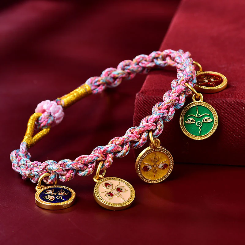 Braccialetto intrecciato con cinque divinità della ricchezza e della fortuna, fatto a mano in Buddha Stones tibetana multicolore