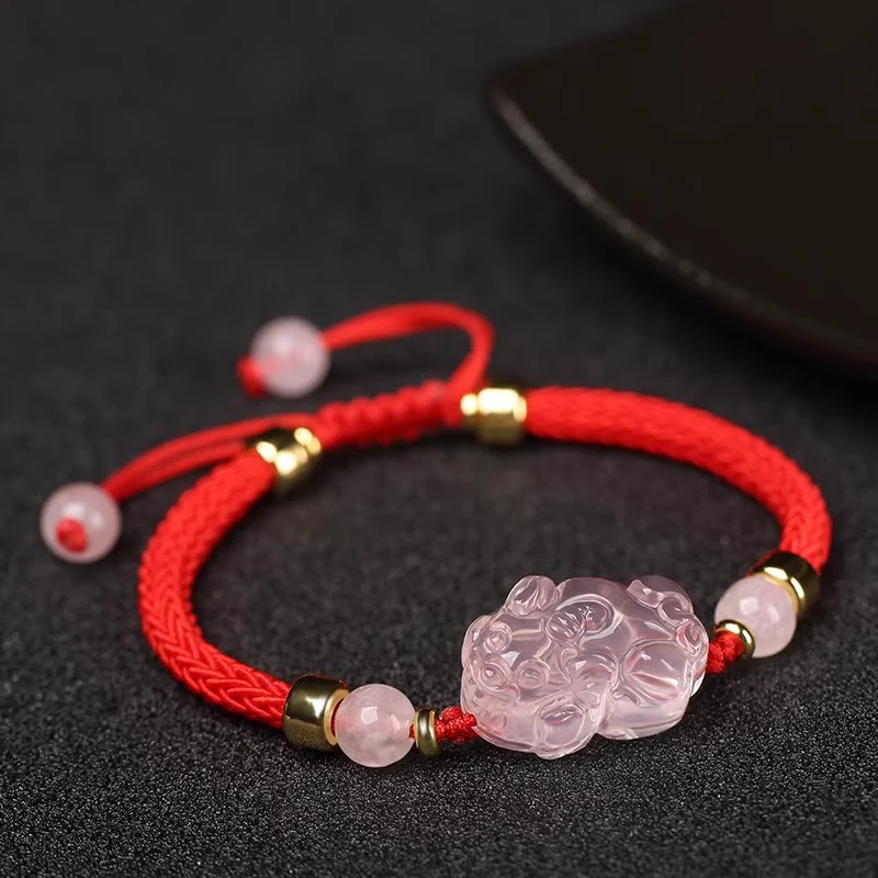 Braccialetto intrecciato con corda di cristallo rosa Buddha Stones PiXiu