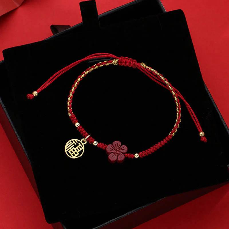 Braccialetto intrecciato con corda e carattere Fu, fiore di cinabro e Buddha Stones