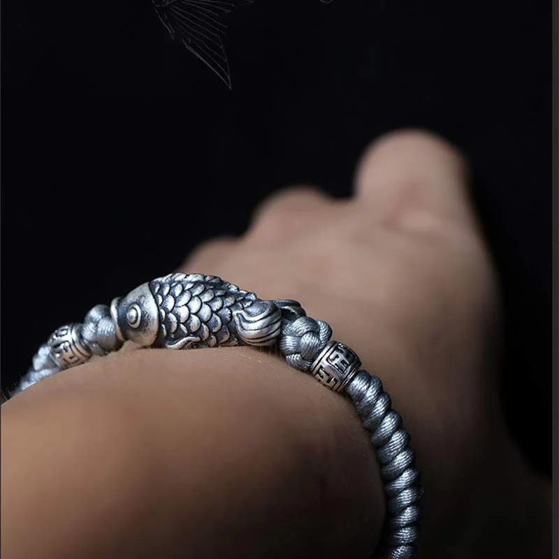 Braccialetto intrecciato con corda in argento Buddha Stones Luck Koi Fish - Image 13