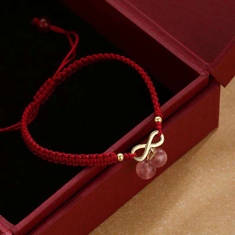 Braccialetto intrecciato con corda rossa, cristallo di quarzo fragola, nodo infinito, guarigione dell'amore, Buddha Stones - Image 2
