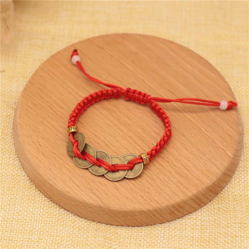Braccialetto intrecciato con corda rossa, moneta di rame e Buddha Stones - Image 6