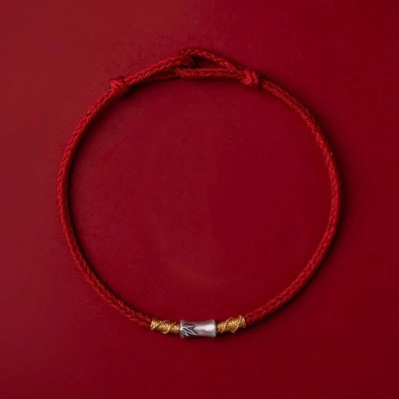 Braccialetto intrecciato con corda rossa portafortuna in argento sterling 925 fatto a mano con motivo in bambù , Buddha Stones - Image 2