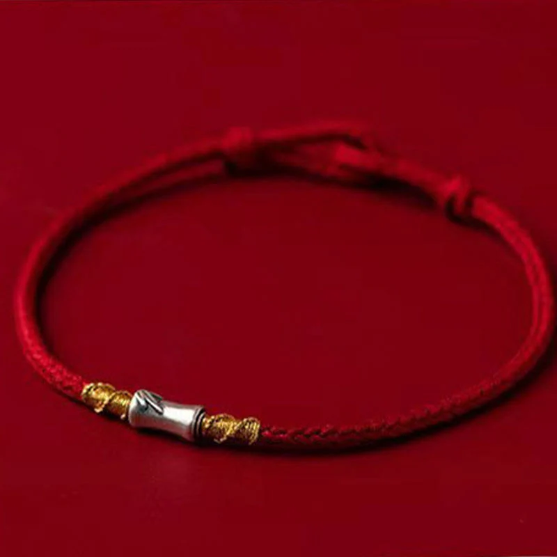 Braccialetto intrecciato con corda rossa portafortuna in argento sterling 925 fatto a mano con motivo in bambù , Buddha Stones - Image 3
