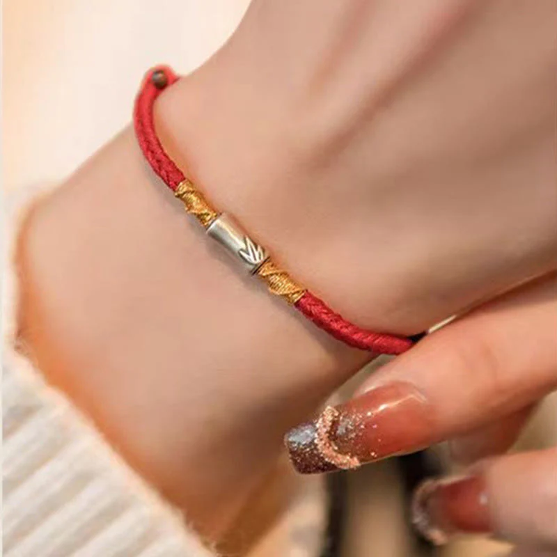 Braccialetto intrecciato con corda rossa portafortuna in argento sterling 925 fatto a mano con motivo in bambù , Buddha Stones - Image 9