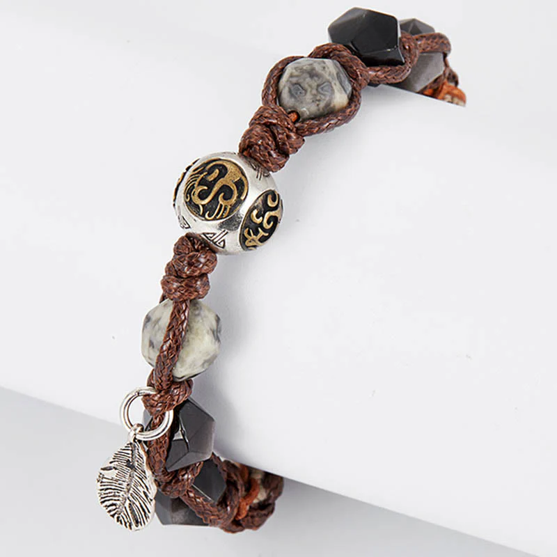 Braccialetto intrecciato fatto a mano in corda di trasporto con Buddha Stones , in argento sterling 925, lucentezza argentata e ossidiana - Image 10