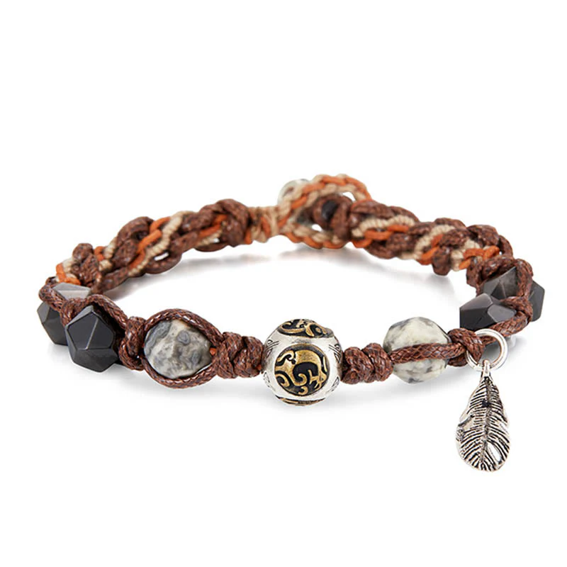 Braccialetto intrecciato fatto a mano in corda di trasporto con Buddha Stones , in argento sterling 925, lucentezza argentata e ossidiana - Image 9
