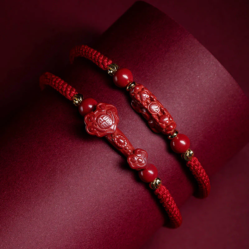 Braccialetto intrecciato in corda rossa con carattere Fu PiXiu, fatto a mano, in cinabro con manico Ruyi Buddha Stones - Image 2