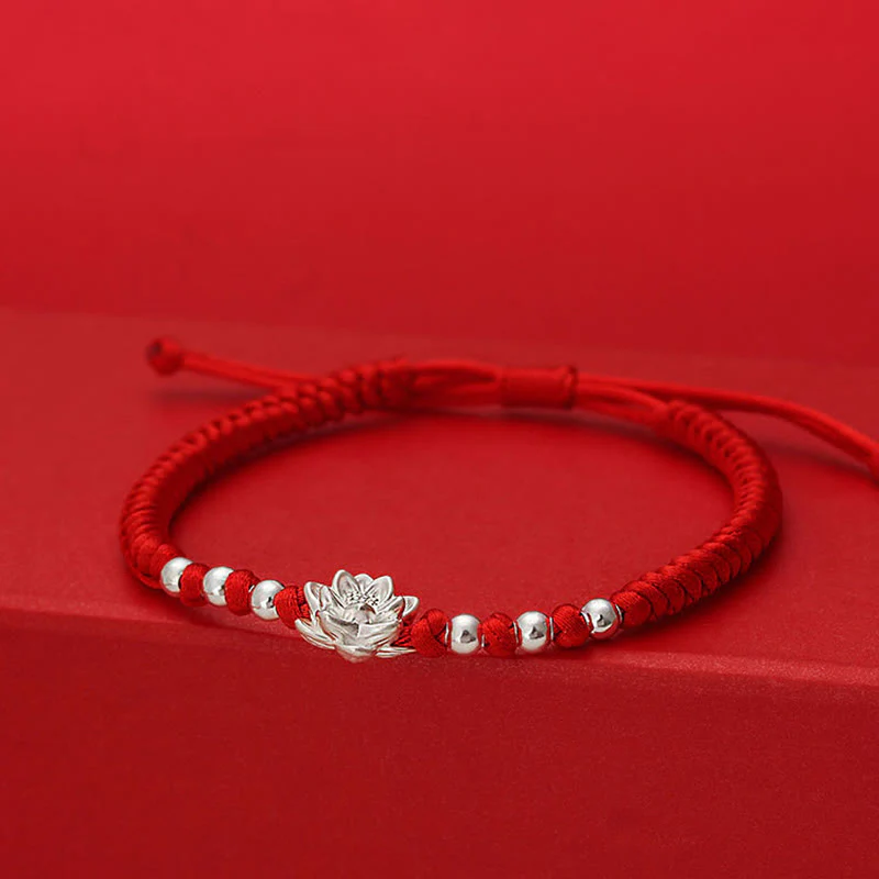 Braccialetto portafortuna Buddha Stones in argento sterling 999, simbolo del loto, cordino rosso in argento sterling 990 - Image 2