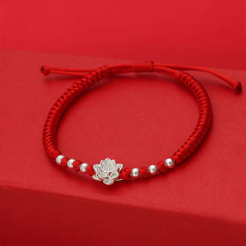 Braccialetto portafortuna Buddha Stones in argento sterling 999, simbolo del loto, cordino rosso in argento sterling 990 - Image 3