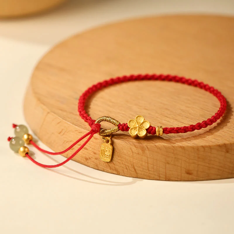 Braccialetto portafortuna con ciondolo a forma di carattere Fu in giada Hetian con Buddha Stones e piccoli fiori di pesco