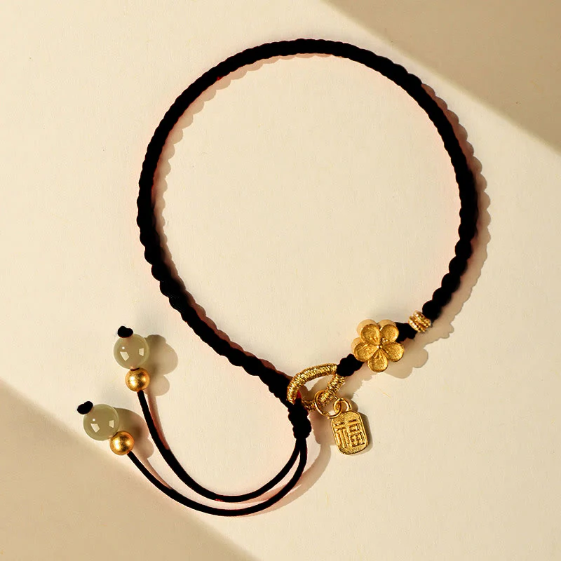 Braccialetto portafortuna con ciondolo a forma di carattere Fu in giada Hetian con Buddha Stones e piccoli fiori di pesco - Image 11