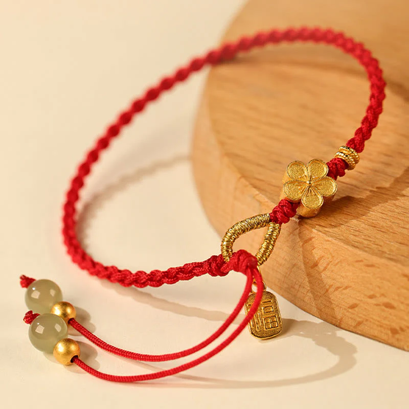 Braccialetto portafortuna con ciondolo a forma di carattere Fu in giada Hetian con Buddha Stones e piccoli fiori di pesco - Image 3